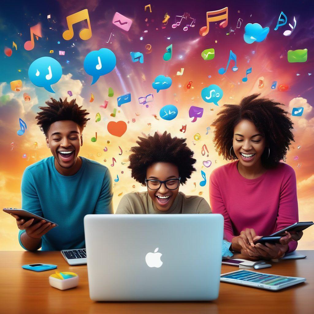 A vibrant scene depicting a diverse group of people joyfully engaging with their devices, surrounded by colorful digital icons representing downloading and streaming. The background includes whimsical clouds with musical notes and cheerful emojis floating around. The atmosphere is lively, symbolizing a fusion of technology and happiness. Bright, engaging colors enhance the overall joyful theme. 3D, vibrant colors.