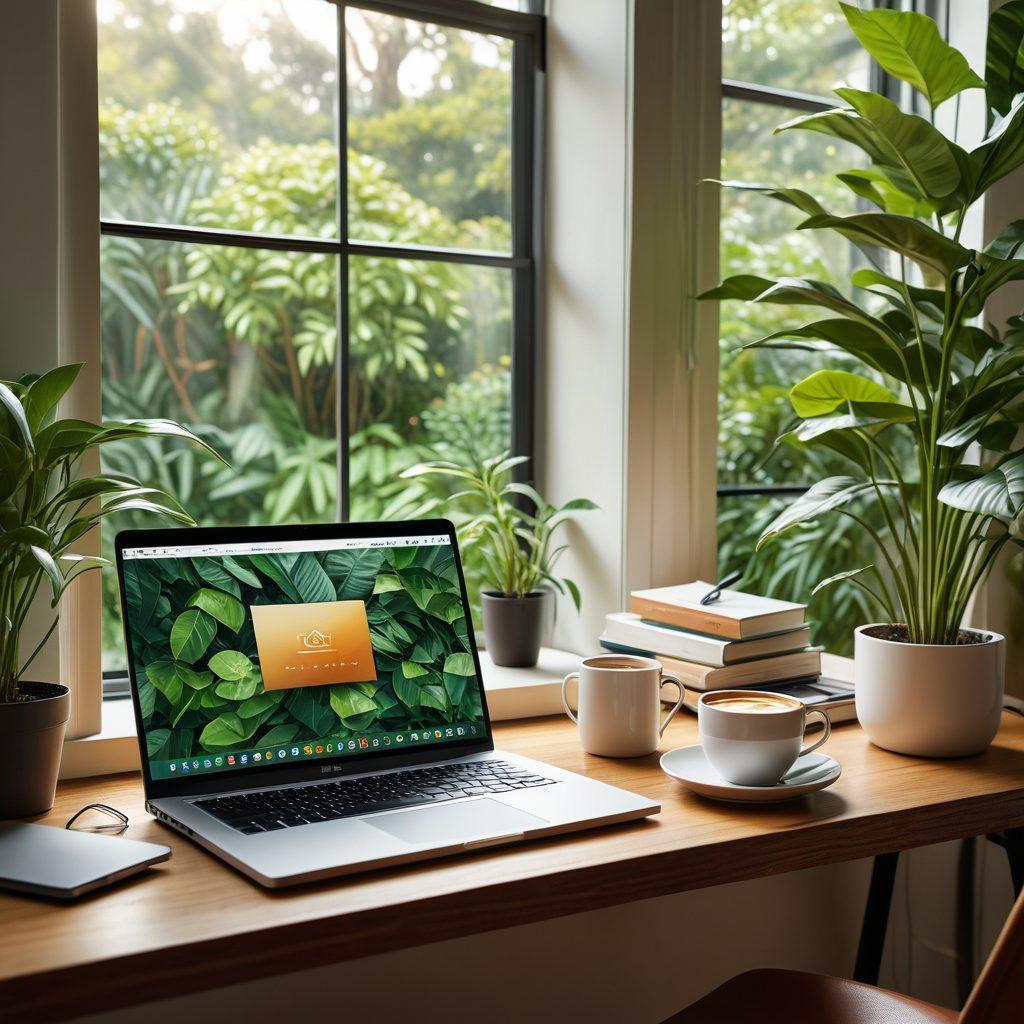A serene workspace showcasing a modern laptop with a wireless download progress bar on the screen, surrounded by floating digital icons representing various files and media. A cozy cup of coffee sits beside it, with soft sunlight filtering in through a window. Include a background of lush green plants to emphasize ease and tranquility. super-realistic. vibrant colors. cozy atmosphere.