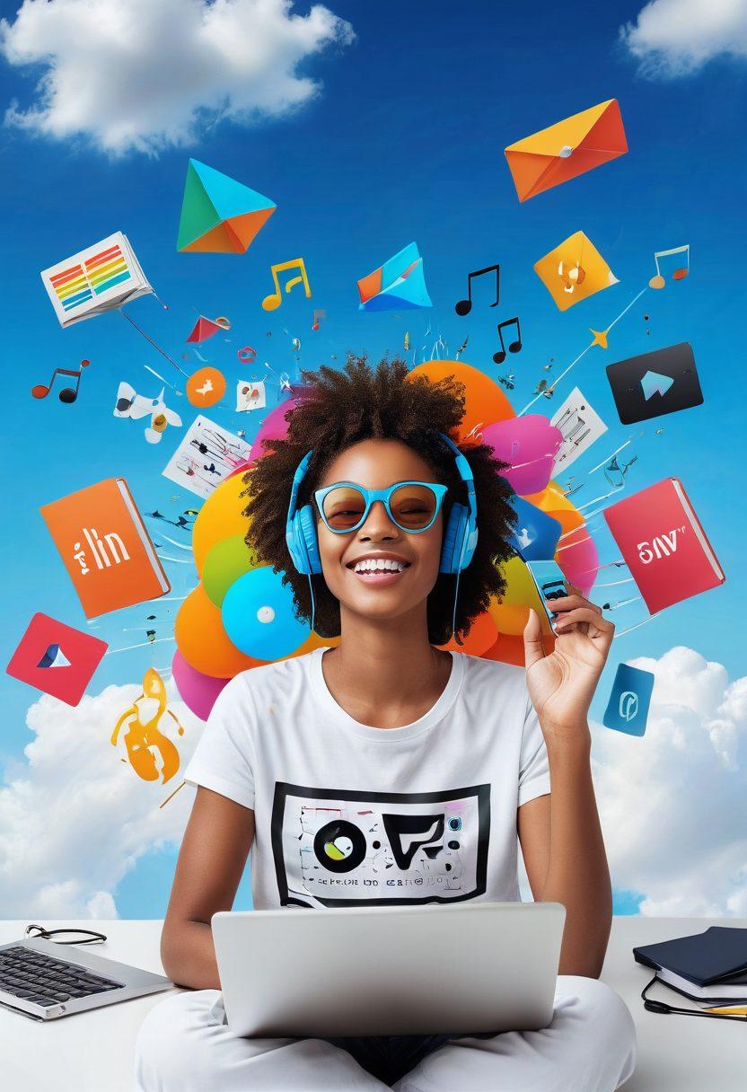 A vibrant and uplifting scene depicting a person joyfully streaming digital content on multiple devices, surrounded by colorful digital graphics of downloads and wireless symbols. Floating icons of music, books, and videos in the background create a sense of effortless connectivity. A bright blue sky with fluffy clouds enhances the cheerful atmosphere, symbolizing freedom and simplicity in the digital world. super-realistic. vibrant colors. white background.